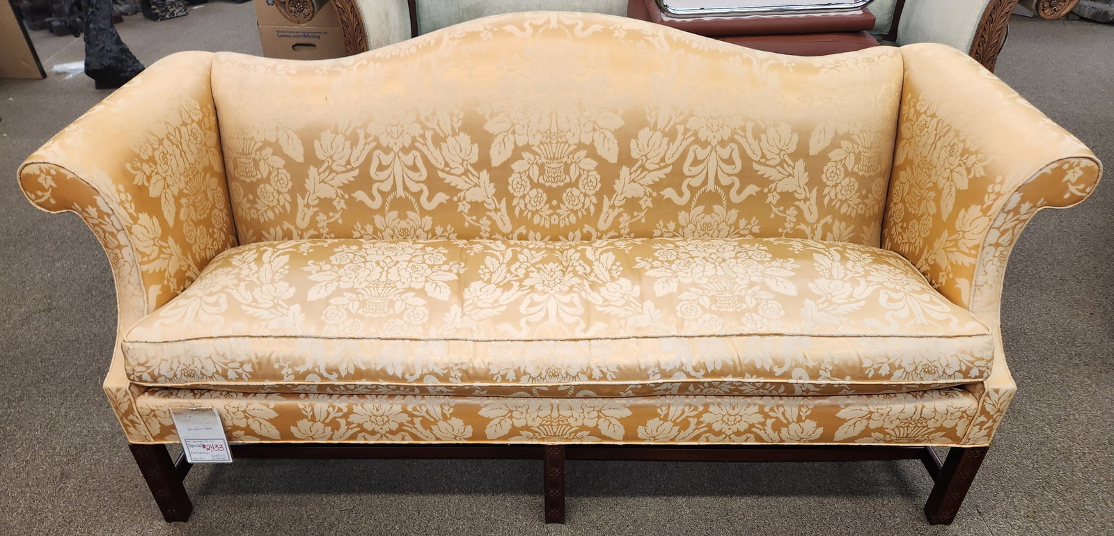 Kindel Furniture Winterthur sofa: A Kindel Furniture Style: 9276 Winterthur sofa. Gold Damask upholstery. Includes original hangtag. 34" x 75" x 31"