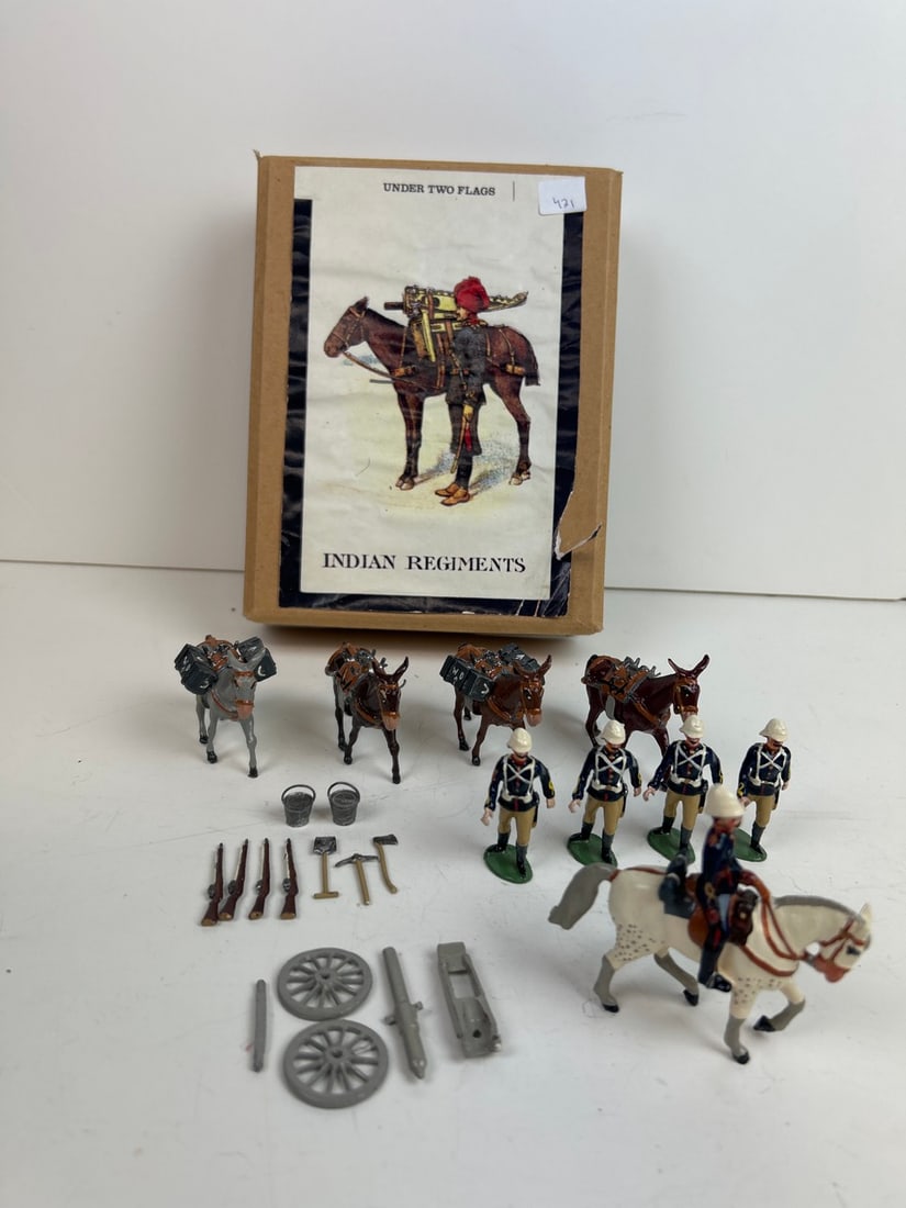 Under Two Flags Indian soldiers.: A group of rare Under Two Flags Indian soldiers with horses and accessories.