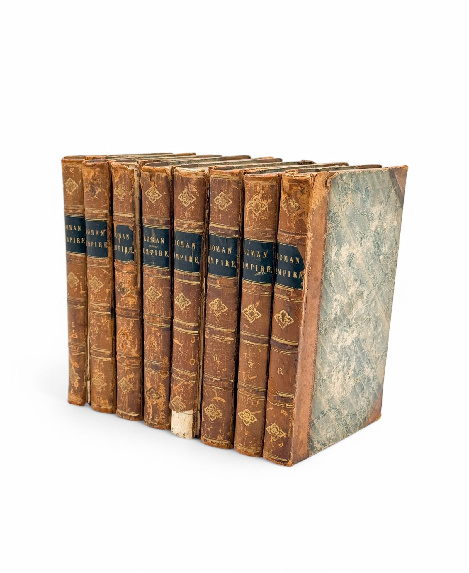 8 Vols. The Decline and Fall of the Roman Empire.: [Leather] Gibbons, Edward. The Decline and Fall of the Roman Empire in Eight Volumes. London: John Murray, 1887. First Edition Thus. 8vos. Contemporary calf boards with gilt decoration to spine and bl