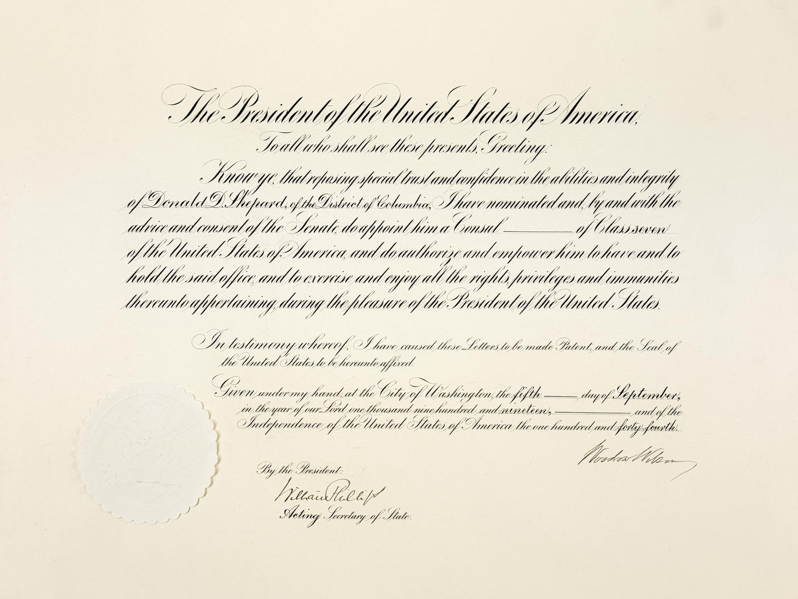 Woodrow Wilson Presidential Signed Document (1 of 3)