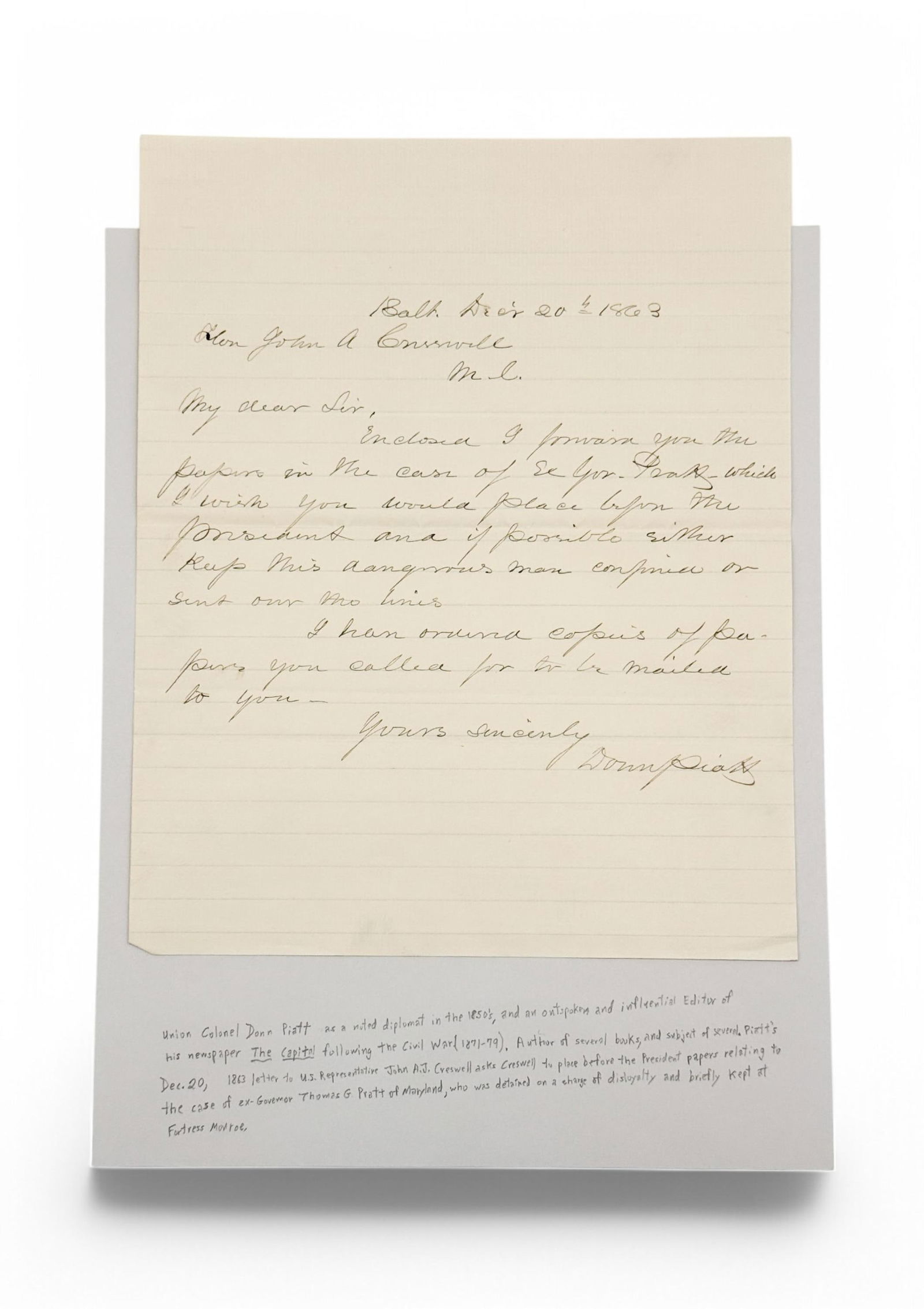 1863 Union Colonel Donn Piatt ALS to John Creswell (1 of 4)