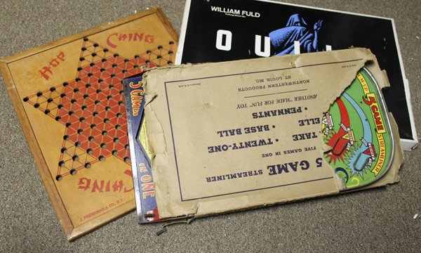 Group of 3 board games incl Ouija board. Includes: Park: Includes: Parker Brothers Inc Ouija Board in box includes board and message indicator, 1940s Poosh-m-Up Streamliner metal board with partial box, wooden "Hop Ching" Chinese checkers board by J. Pressm