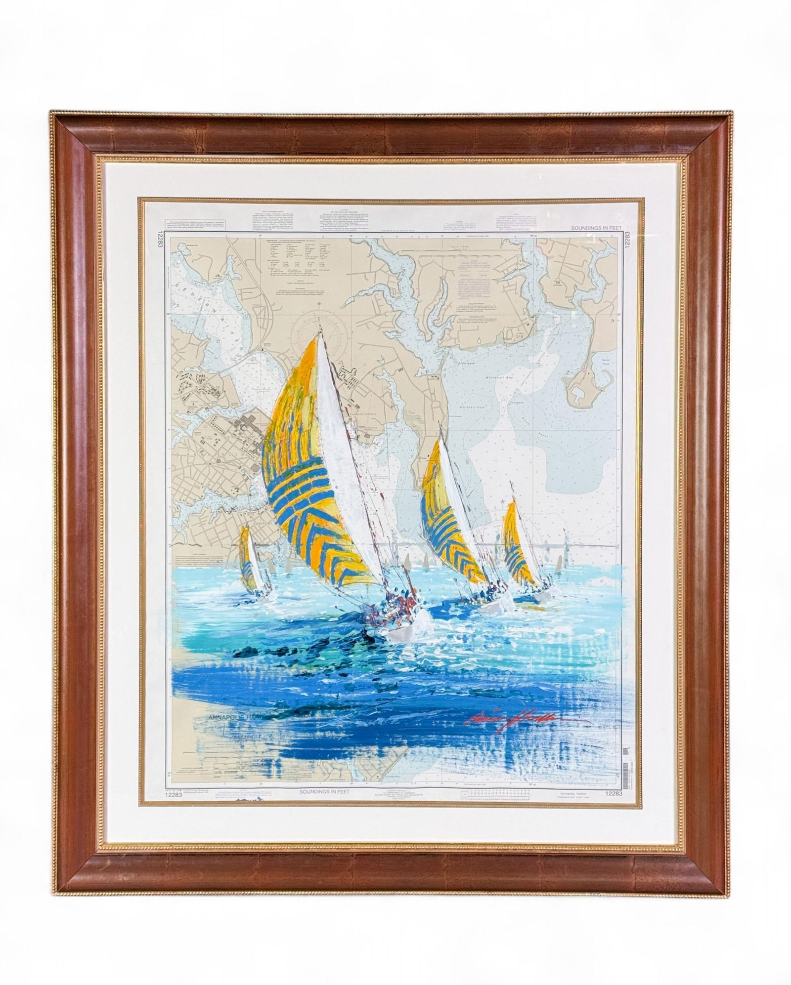 Kerry Hallam, Annapolis Harbor.: Hallam, Kerry (English, 1937-2020). Annapolis Harbor. Acrylic on coastal chart. Signed l.r. Sight: 37 1/2" x 31". Frame: 49" x 42". Provenance: From the collection of Zan Riester.