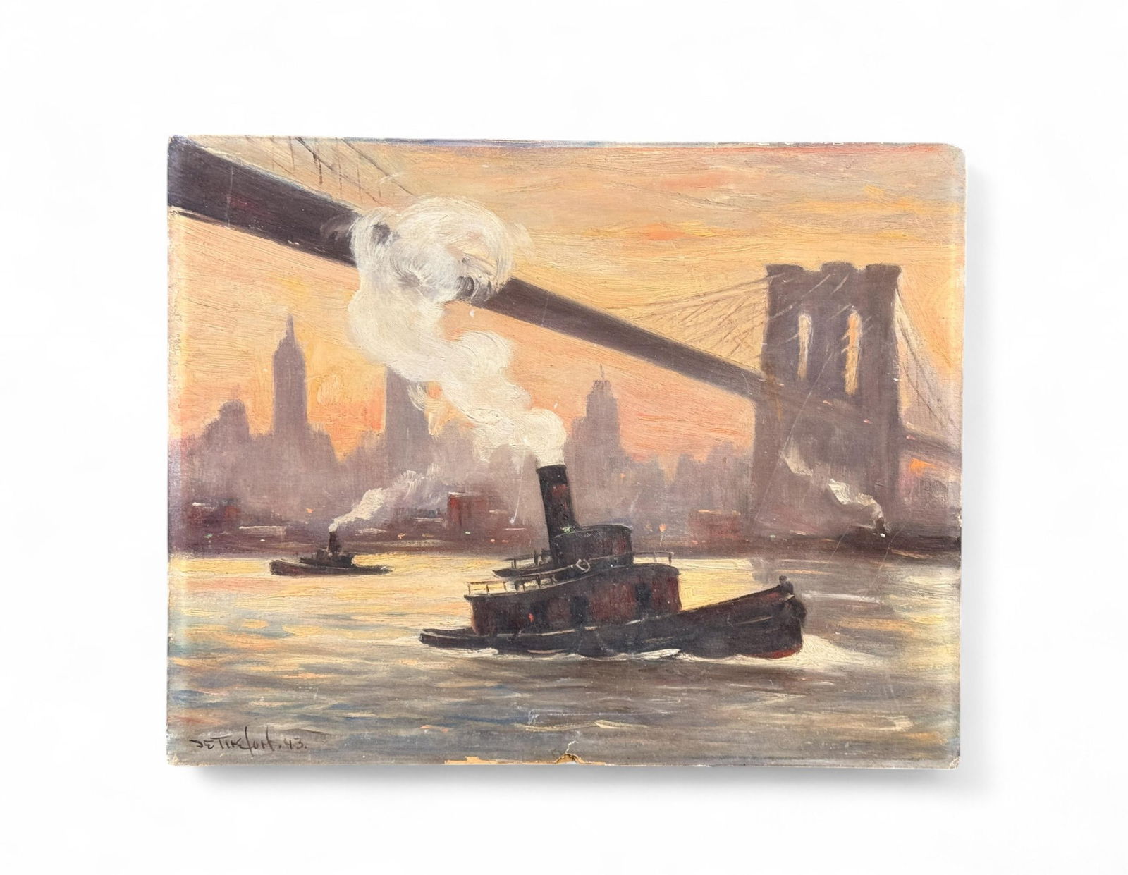 Bela de Tirefort, Tugboat, 1943, O/B.: de Tirefort, Bela (Austria/New York, 1894-1993). Tugboat below the Brooklyn Bridge. Oil on board. 1943. Signed and dated l.l. Unframed. 16" x 20". Condition: tear in board on verso. damage to edge.