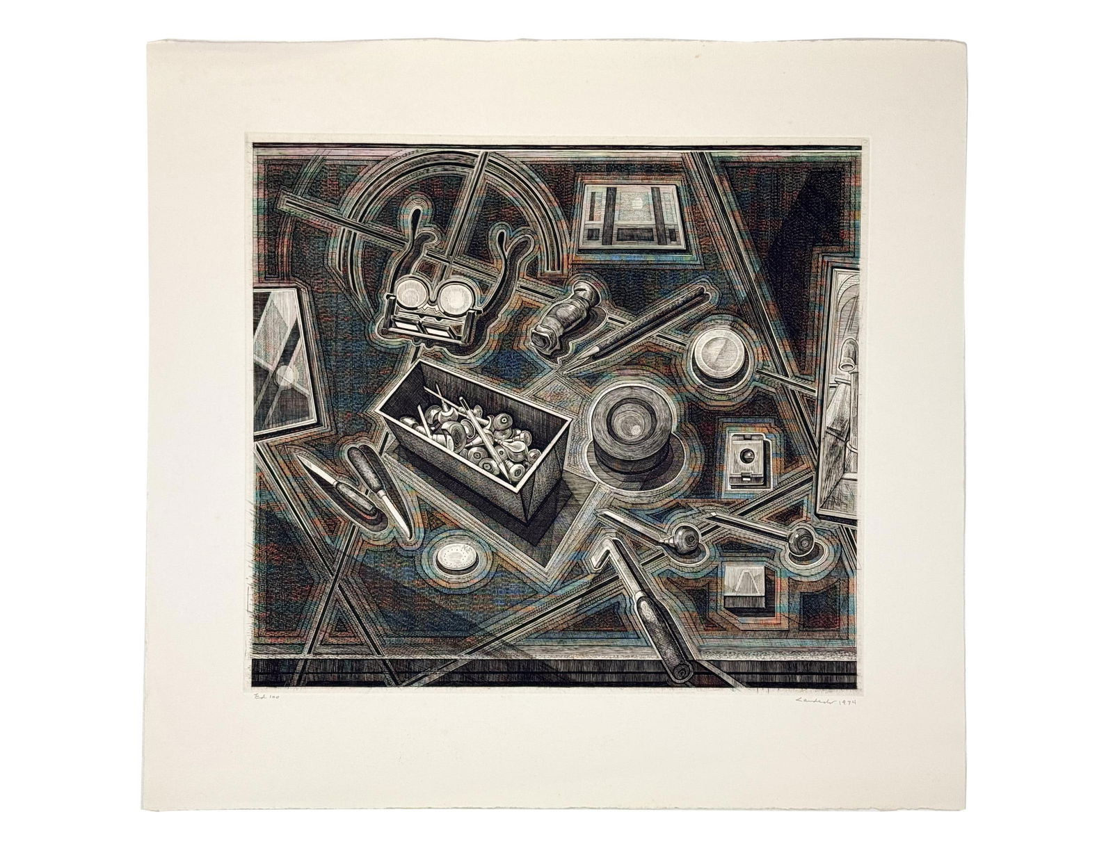 Landeck, "Engraver's Tools," 1974, Engraving.: Landeck, Armin (American, 1905-1984). "Engraver's Tools." 1974. Engraving. Signed and dated l.r. Edition, 100, l.l. All written in pencil. Catalog raisonne, Kraeft 115, 126. Sheet size: 23 1/4" x 21 5