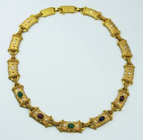 18KYG Gemstone & diamond link style necklace.