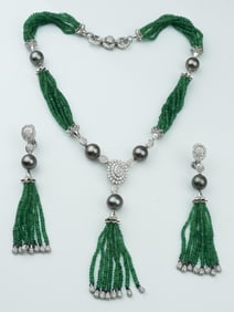 18KWG Diamond emerald & south sea pearl suite.