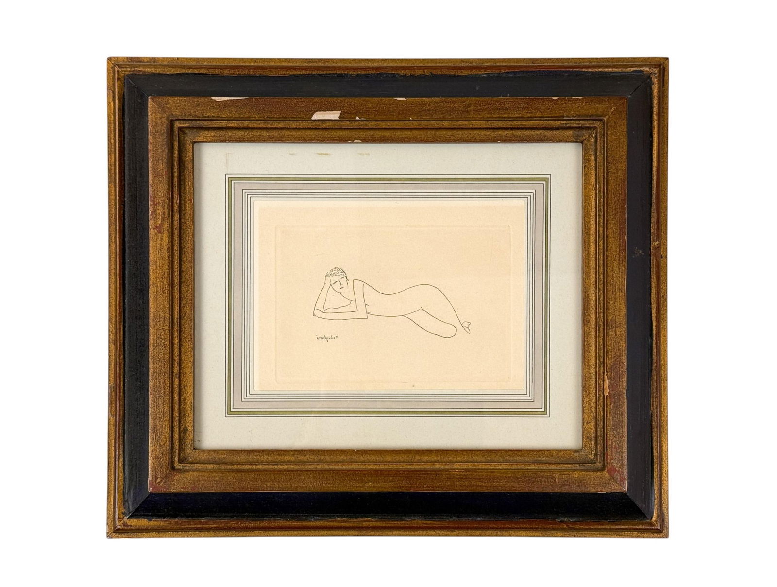 Modigliani, "Reclining Nude," c. 1917, Etching.: Modigliani, Amedeo (Italian, 1884-1820). "Reclining Nude Woman." [Femme nue couch?/Femme Nue.] Circa 1917. Etching on Japon paper. Signed in plate reverse l.l. Framed and matted. Frame size: 14" x 12"