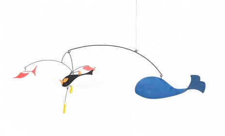Painted metal mobile with fish and whales