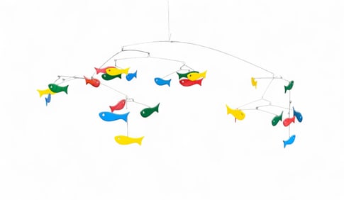 Painted metal mobile with mutli-colored fish