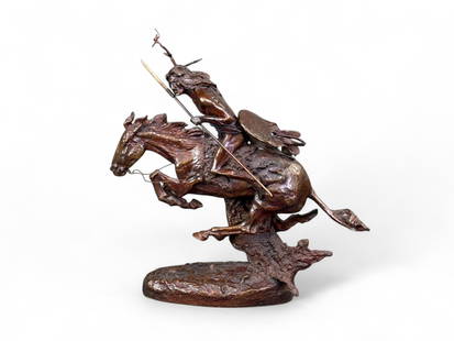 After Remington, "The Cheyenne," Bronze.: After Frederic Remington (New York, 1861-1909). "The Cheyenne" bronze sculpture. Marked "Copyright of Frederic Remington" and "RCS 301/575" on base. 22" x 22". Provenance: From the collection of Brian