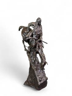 After Remington, "Mountain Man," Bronze.: After Frederic Remington (New York, 1861-1909). "The Mountain Man" bronze sculpture. Marked "Copyright of Frederic Remington" on base. 27 1/4" x 10". Condition: Surface dirt. Provenance: From the esta