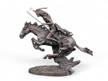 After Remington, "The Cheyenne," Bronze.: After Frederic Remington (New York, 1861-1909). "The Cheyenne" bronze sculpture. Marked "Frederic Remington" on base. 29" x 33". Condition: Surface dirt. Provenance: From the estate of Eugene G. Cambe