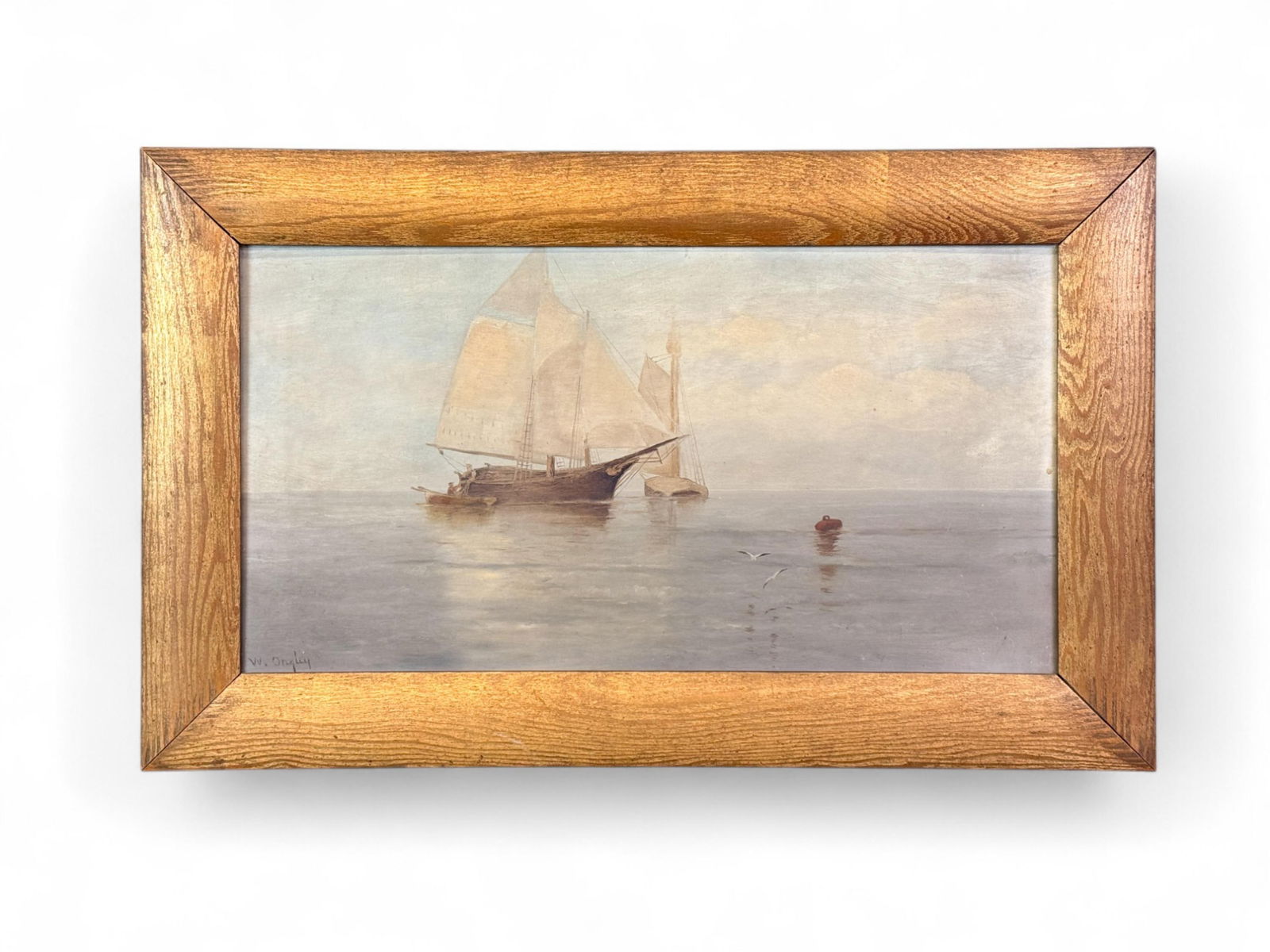 William Ongley, ?Sailing Vessels on Calm Waters.?: Ongley, William (New York, 1836-1890). ?Sailing Vessels on Calm Waters.? Seascape with sailing vessels. Oil on canvas. Signed l.l. Sight: 13 1/4" x 25 1/2" Frame: 19" x 31 1/4"