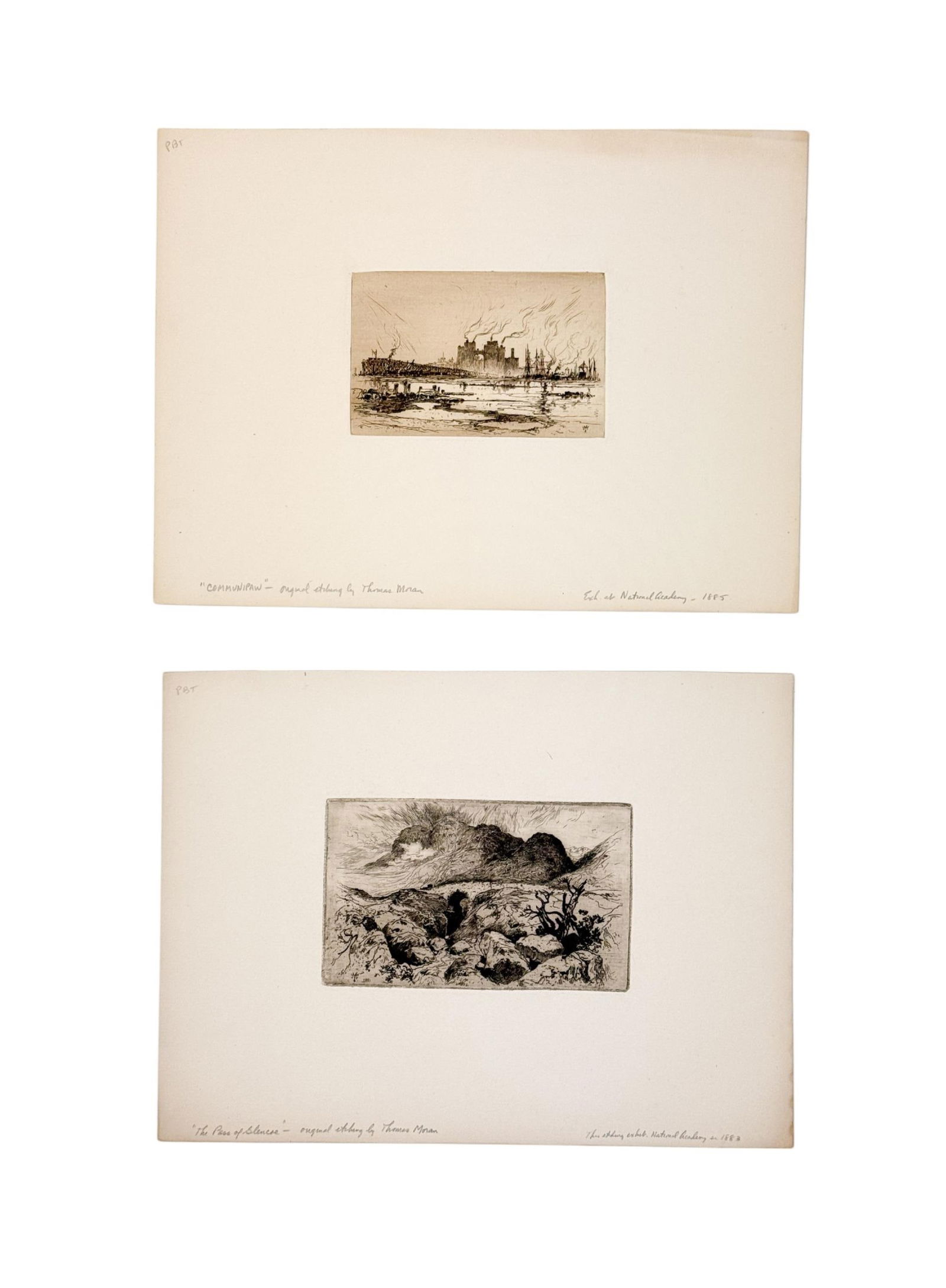 2 Thomas Moran Etchings.: Moran, Thomas (American, 1837-1926). "The Pass of Glencoe." 1882. Etching. Plate signed and dated l.l. Sheet size: 12 1/8" x 9". Plate size: 6" x 3 5/8". COA from Sherman Galleries tipped on back. ++
