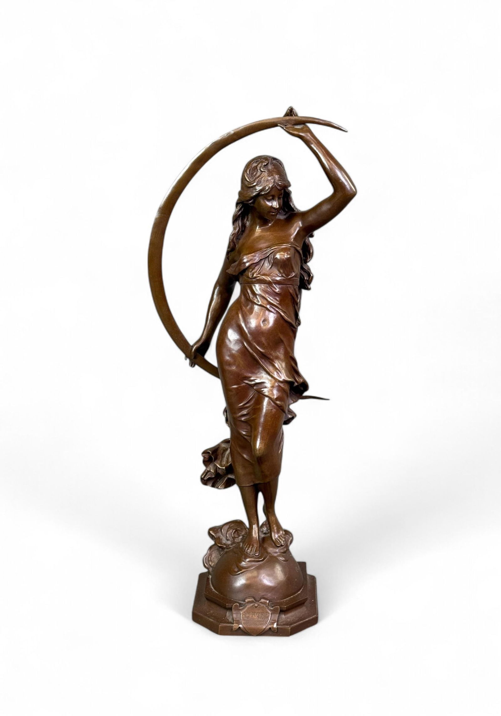 After Moreau, "Aurore," Bronze.: After Auguste Moreau (French, 1834-1917). "Aurore" bronze sculpture. Marked on base. Inscribed plaque on base "Aurore par Aug. Moreau / Medaille d'or a l'exposition." 25" x 10". Condition: Gouges, lig