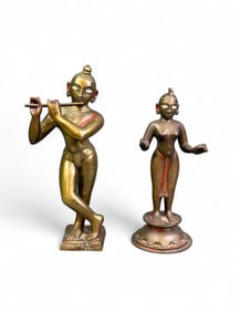 2 Brass figures of Krishna and Radha, India.