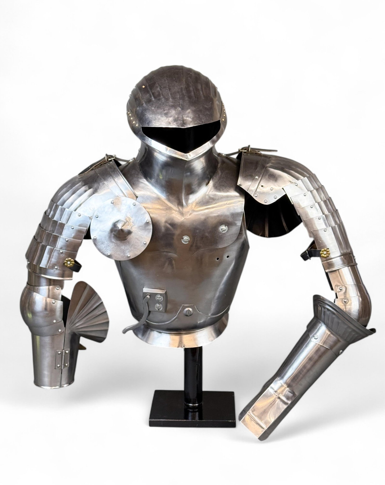 Reproduction jousting armor with "frog" helmet.: A reproduction jousting armor with "frog" helmet. 37" x 31" x 10".