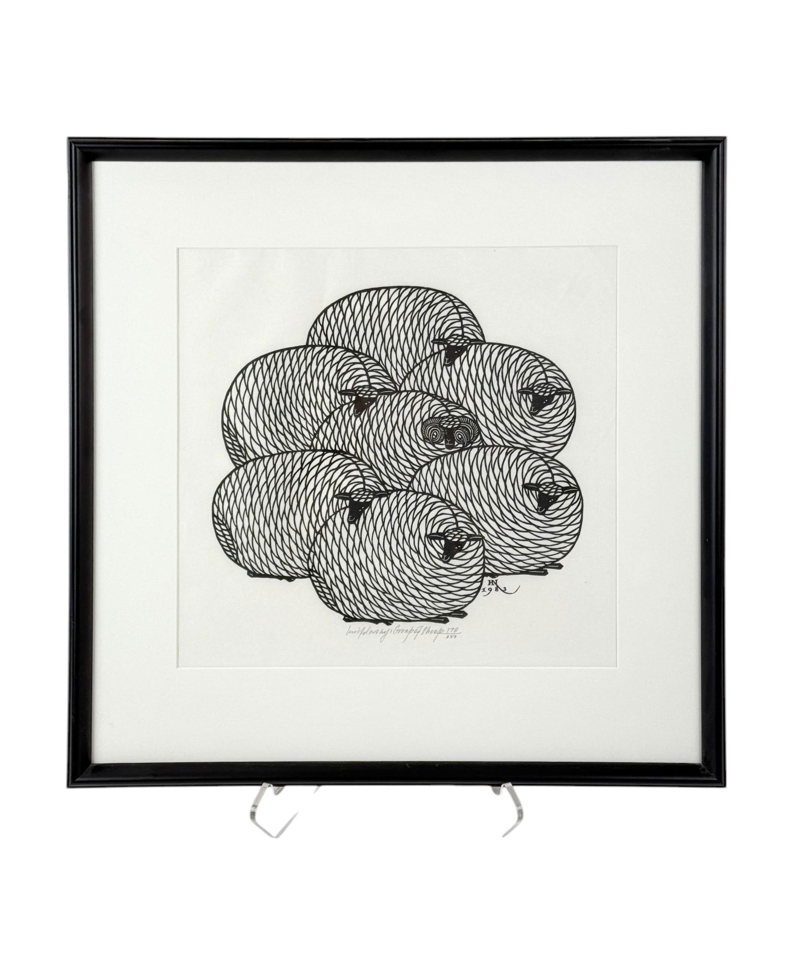 Hnizdovsky, "Group of Sheep," 1983, Woodcut.: Hnizdovsky, Jacques (Ukranian/American, 1915-1985). "Group Of Sheep." 1983. Woodcut. Signed, titled and editioned, 178/250, center. All in pencil. Plate dated and monogrammed l.r. Framed and matted. F