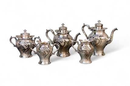 Art Nouveau silverplate tea and coffee set.