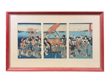 Utagawa Yoshiiku triptych of wedding procession.