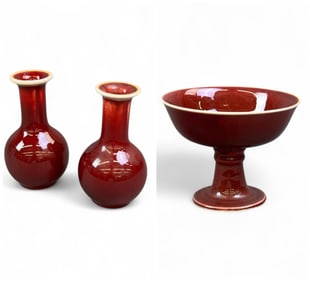 2 Oxblood vases and compote.