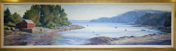 Paul Rickert oil on canvas landscape.: Rickert, Paul. (Pennsylvania, Am. b.1947). "Clam Flats", 1987. Oil on canvas. 35" x 143". Frame: 44" x 152". O2048