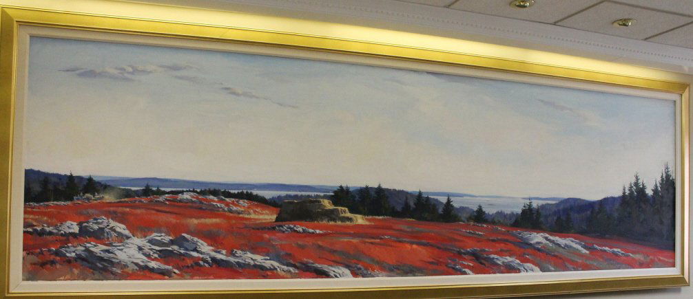 Paul Rickert oil on canvas landscape.: Rickert, Paul. (Pennsylvania, Am. b.1947). "Prepared for Burning (Along the Maine Coast)", 1987-1990. Oil on canvas. 42" x 143". Frame: 52" x 153". O2053