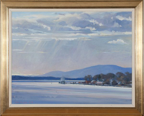 Paul Rickert oil on canvas landscape.: Rickert, Paul. (Pennsylvania, Am. b.1947). "State of Maine", 1988. Oil on canvas. Sight 31" x 41". Frame 39" x 49". O2600