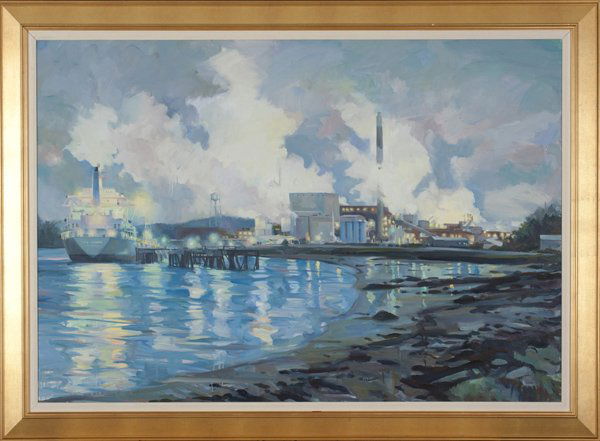 Paul Rickert oil on canvas townscape over water.: Rickert, Paul. (Pennsylvania, Am. b.1947). "Promenade at Bucksport". Oil on canvas. Sight 39" x 57". Frame 48" x 66". O2054