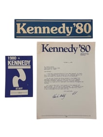 Ted Kennedy 1980 Campaign Badge, TLS Letter Signed
