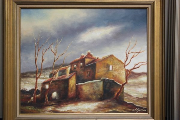 Claude Gozlan (1930 - ) oil on canvas.: Winter scene of an old house - Signed at lower right. Receipt that was attached to it says it was bought in 1959. 28"h x 31.5"w