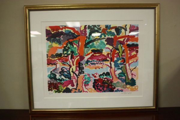 Charles Lapicque (1898 - 1988): Large color lithograph under glass. Forest scene with houses in the background. Signed & numbered in pencil 69/195. 23"h x 30w" Image size. 40w" x 33h" total with frame.