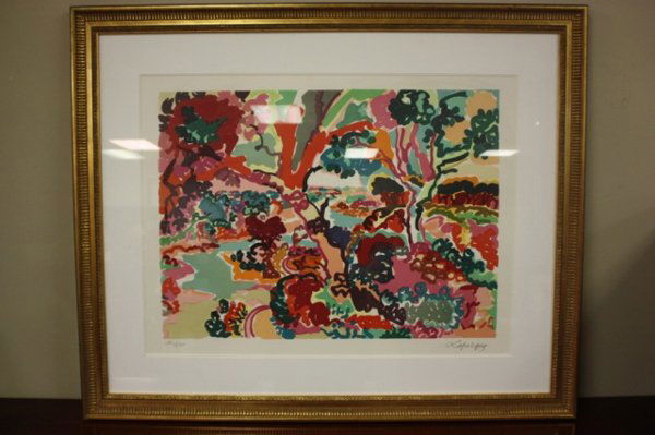 Charles Lapicque (1898 - 1988): Color lithograph under glass. Forest scene. Signed & numbered in pencil 160/175. 23"h x 30w" Image size. 40w" x 33h" total with frame.