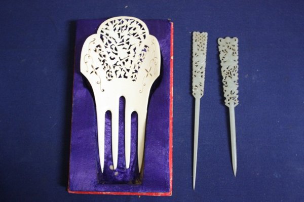 Chinese hair items: including Jade hair picks 7 3/8" x 3/4" - 6 1/2" x 1" and Ivory Hair comb 7 1/4" x 3 1/2"