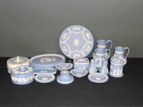 21 pc. of Assorted Wedgewood Jasperware including: 3 pitchers, salt & pepper, a plate, 2 oval plates, 4 coasters, 3 heart shaped dishes, butter dish, Star of David lidded item, a square lidded box, a round lidded container, & 2 lidded candy bowls.