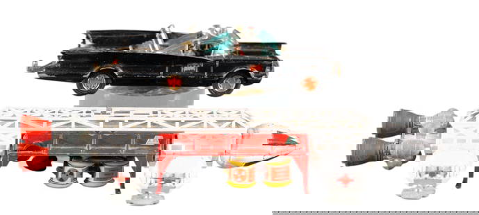 Dinky Toys Eagle Freighter & Corgi Toys Batmobile: A complete 1975-1981 Dinky Toys No. 359 Space:1999 Eagle Transporter and a Corgi Toys Batman Batmobile, missing missiles. Largest: 8 3/4" long.