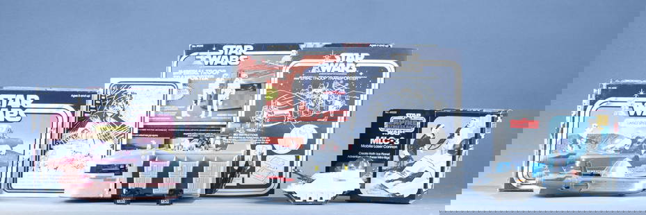 3 Kenner Star Wars vehicles with boxes: A group of three Kenner Star Wars vehicles and boxes missing manuals. ++ 1978 Star Wars Land Speeder with original box. ++ 1978 Star Wars Imperial Troop Carrier complete with two prisoner immobilizati