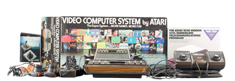 Atari 2600, 1030 Modem and Accessories: An Atari 2600 2nd Model system in box, 1030 Modem and Accessories. Including two Joystick Controllers, Super Pong, and two paddles. Condition: Missing power adapter.