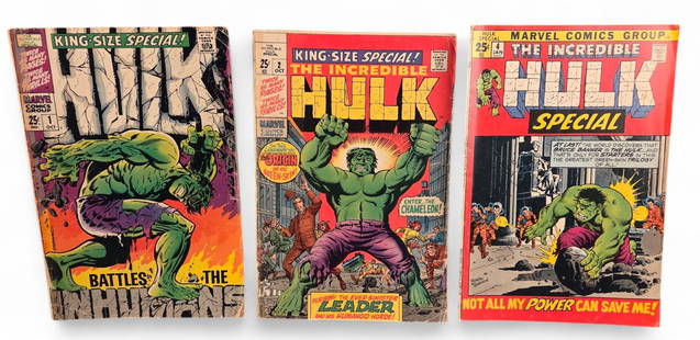 Marvel Incredible Hulk Annual #1-3 comics: A group of three issues of Silver/Bronze Age Marvel Comics "Incredible Hulk Annual" #1 (1968), #2 (1969), #3 (1971). Condition: Tape on edge #1 and #2