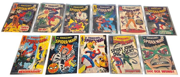 11 Marvel The Amazing Spider-Man (1966-67) comics: A group of eleven Silver Age Marvel Comics "The Amazing Spider-Man" comics. Including #42 (1966), #47 (1967), #49 (1967), #51 (1967), #53 (1967), #54 (1967), #55 (1967), #56 (1968), #57 (1968), #58 (1