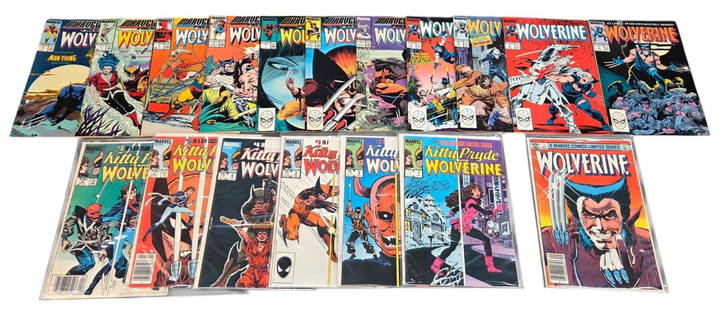 18 Marvel Wolverine (1982-89) comics: A group of eighteen Bronze/Modern Age Marvel Comics "Wolverine" comics. ++ Wolverine [Newsstand] #1 (1982). ++ 6 issues Kitty Pryde and Wolverine, #1 (1984), #2 (1984), #3 (1985), #4 (1985), [Newsstan