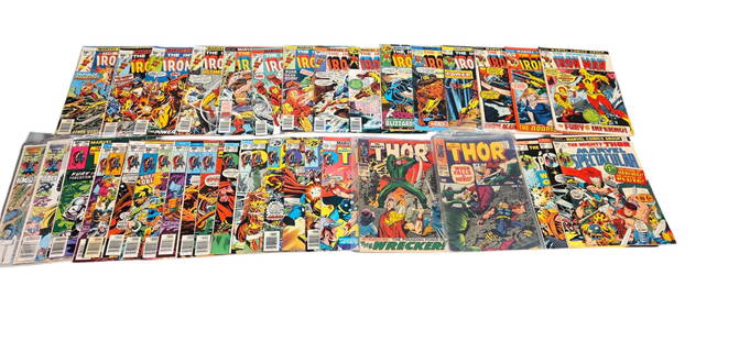 38 Marvel Iron Man and Thor (1968-86) comics: A group of thirty eight Silver and Bronze Age Marvel Comics "Iron Man" and "Thor" comics ++15 issues of Iron Man. Including #48 (1972), #49 (1972), #51 (1972), #69 (1974), #83 (1976), #86 (1976), #87