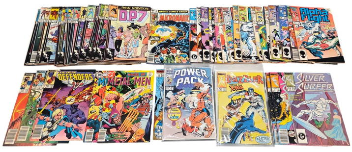 58 Modern Age Marvel Comics: A group of fifty-eight Modern Age Marvel Comics comics. ++21 issues of Alpha Flight. Including #21 (1985), #32 (1986), #33 (1986), #34 (1986), #35 (1986), #36 (1986), #37 (1986), #38 (1986), #39 (1986