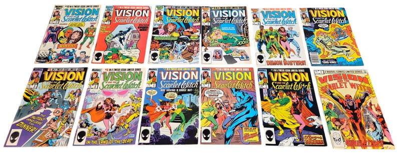 12 Marvel Vision & Scarlet Witch (1982-86) comics: A group of twelve Modern Age Marvel Comics "Vision and Scarlet Witch" comics. Including #1 (1982), #2 (1985), #4 (1986), #5 (1986), #6 (1986), [Newsstand] #7 (1986), #8 (1986), #9 (1986), #10 (1986),