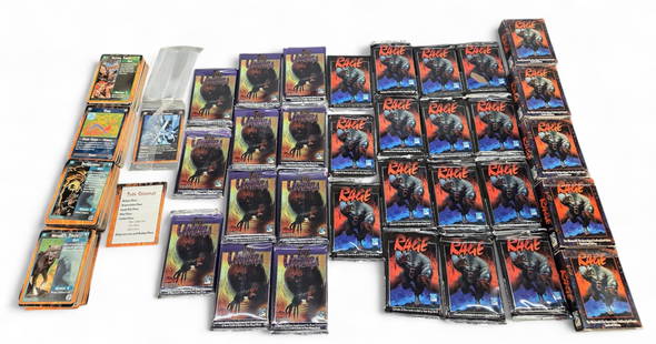 White Wolf, Inc. "Rage" boosters and decks: A group of White Wolf, Inc. "Rage" Werewolf: The Apocalypse boosters and decks. ++ 1995 Base Game fifteen sealed booster packs and four decks, three sealed. ++ eleven 1995 The Umbra sealed booster pac