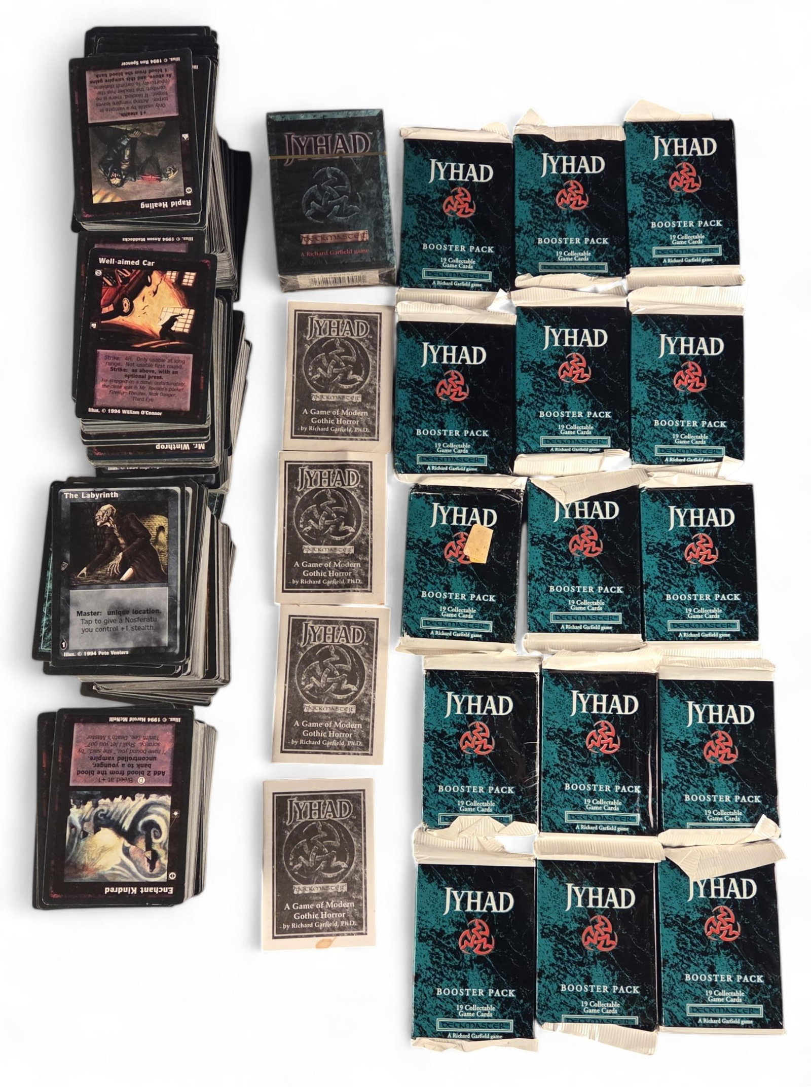 WOC "Jyhad" TCG boosters, Starter, and cards: A group of 1994 Wizard of the Coast "Jyhad" (Vampire: The Eternal Struggle) TCG boosters, Starter, and cards. ++ fifteen sealed Booster packs and sealed starter deck. ++ 800 loose cards.