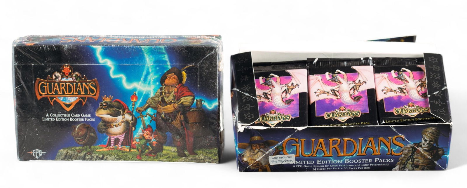 2 FPG "Guardians" LE TCG booster boxes: A group of two 1995 Friedlander Publishing Group "Guardians" TCG Limited Edition booster boxes. One sealed and other containing thirty three sealed booster packs.