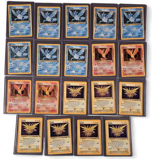 19 PTCG Fossil [Ultd] Articuno, Moltres, & Zapdos: A group of nineteen Pokemon TCG Fossil [Unlimited] holofoil cards. Eight Articuno #2, four Moltres #12, and seven Zapdos #15.