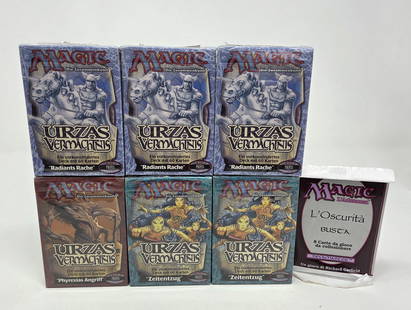 6 MTG foreign Sealed Decks & The Dark booster: A group of six Magic: The Gathering sealed 3 German Urza's Legacy: Radiant's Revenge decks, Urza's Legacy: Phyrexian Assault deck, 2 Urza's Legacy: Time Drain decks, and Italian The Dark booster.